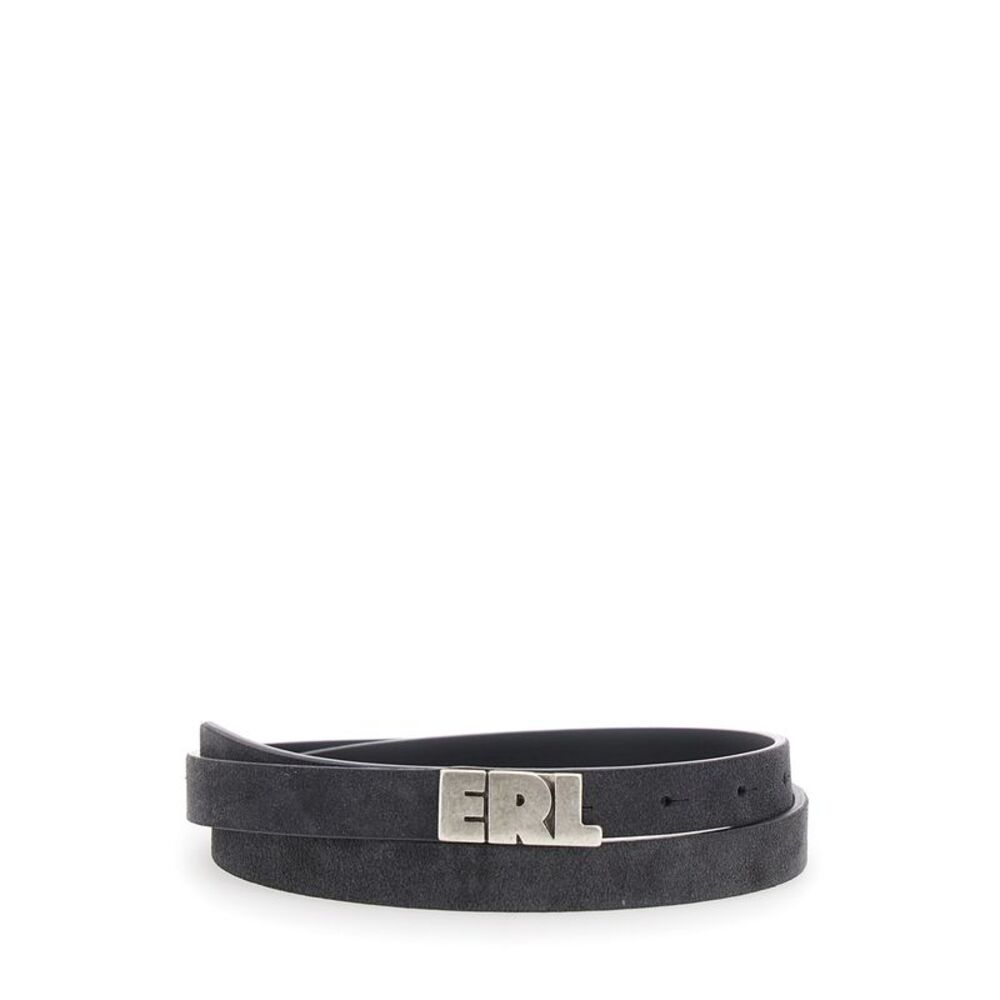 Erl Men Black Belt With Logo Plate On The Front In Leather Man